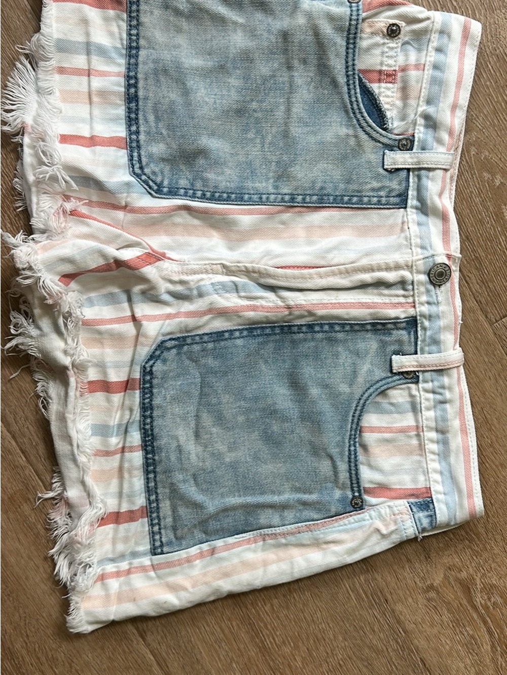 Striped Frayed Hem Women’s Shorts with Denim Pockets